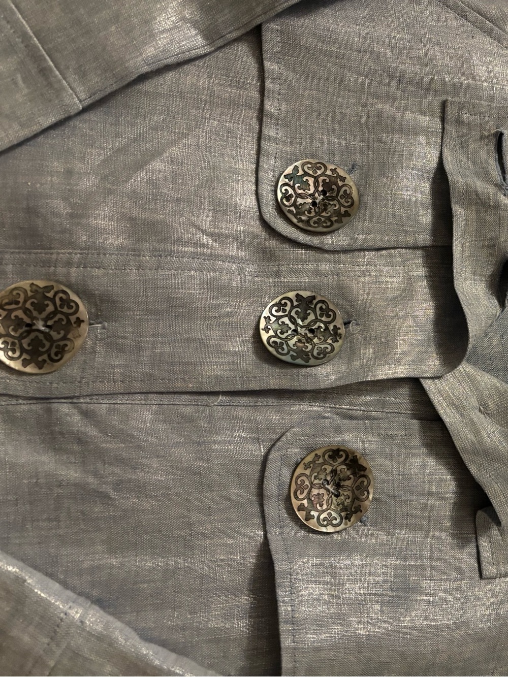 Women’s Metallic Gray Double-Breasted Coat with Decorative Buttons